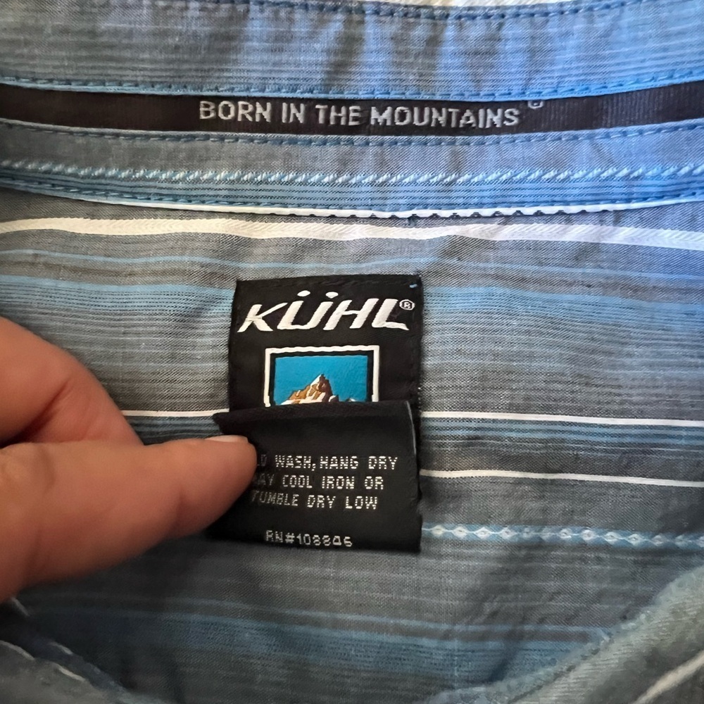 Kuhl Suncel Blue Striped Button Down Cotton Blend Shirt Mens Medium Short Sleeve - Picture 11 of 15